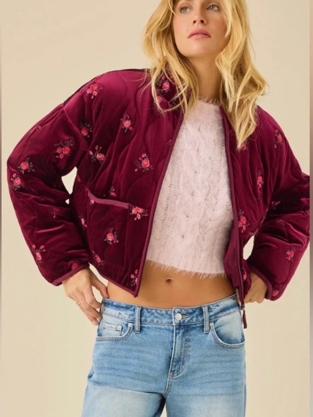 Altar'd State Wine Quilted Velvet Floral Bomber Jacket Sz M NWOT